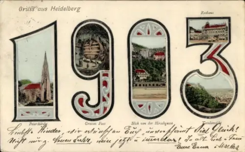 Passepartout Ak Heidelberg, Jahreszahl 1903, Peterskirche, Großes Fass, Blick von der Hirschgasse