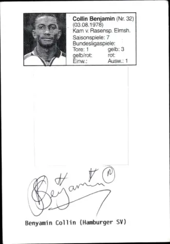 Autogrammkarte Fußballer Benyamin Collin, Hamburger SV, Autogramm