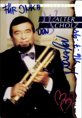 Autogrammkarte deutscher Musiker und Trompeter Walter Scholz, Portrait, Autogramm