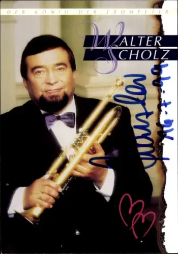 Autogrammkarte deutscher Musiker und Trompeter Walter Scholz, Portrait, Autogramm