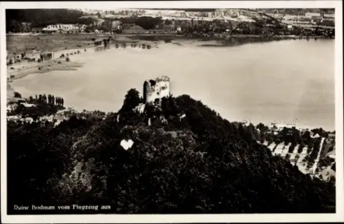 Ak Bodman Ludwigshafen am Bodensee, Luftaufnahme der Ruine  See im Hintergrund, Text: Ruine Bodma