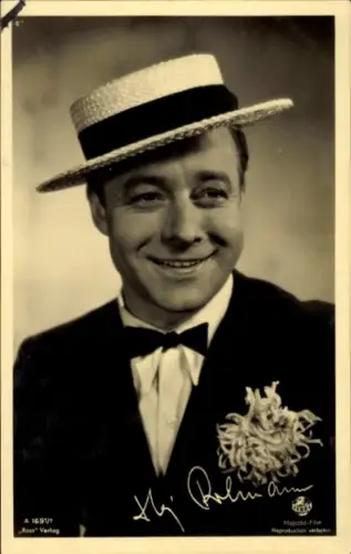 Ak Schauspieler Heinz Rühmann, Portrait, Hut, Fliege, Ross A 1691/1, Autogramm