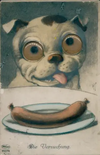 Wackelaugen Künstler Ak Versuchung, Hund, Wurst
