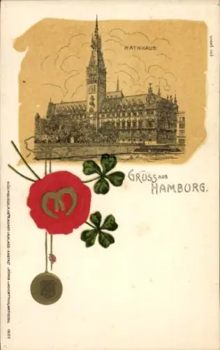 Litho Hamburg Mitte Altstadt, Rathaus, Kleeblätter, Hufeisen, Siegel
