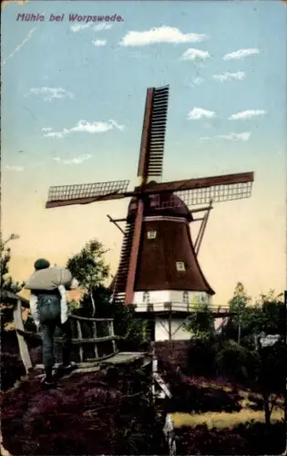 Ak Worpswede in Niedersachsen, Windmühle, Heidekraut