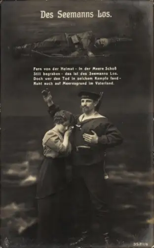 Ak Seemanns Los, Soldatenliebe, Liebespaar, Traurige Frau