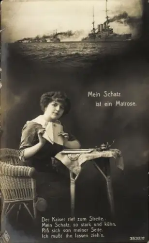 Ak Mein Schatz ist ein Matrose, Frau mit Brief an einem Tisch, Kriegsschiff