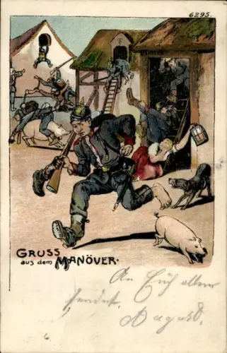 Künstler Ak Alarm, deutsche Soldaten verlassen ihr Quartier, Bauernhof