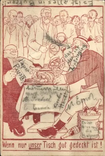 Ak Übergewichtige Männer am Tisch, Wenn nur unser Tisch gut gedeckt ist...