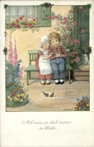 Künstler Ak Ebner, P., Kinder kuscheln im Garten, Liebespaar, Blumengarten, Vögel