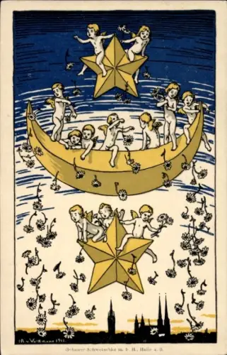 Künstler Ak Volkmann, Halle an der Saale, Engel mit Blumen, Wappen, Stern, Kinderhilfstag