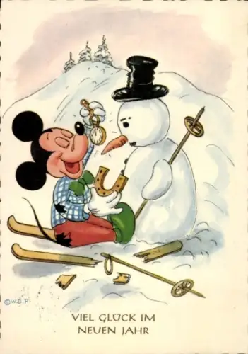 Ak Glückwunsch Neujahr, Mickey Mouse, Schneemann, Ski