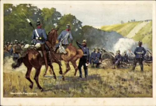 Künstler Ak Verdeckte Feuerstellung, Haubitzen, Artillerie, Kaiserreich