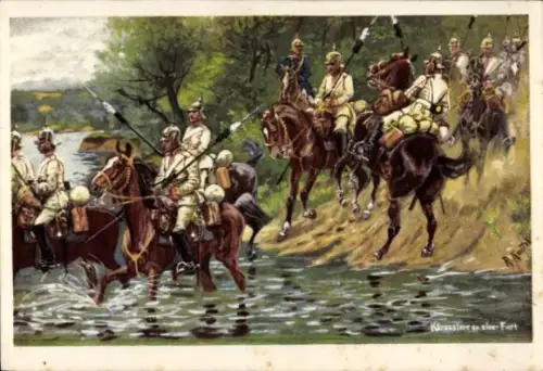 Künstler Ak Knötzl, R., Kürassiere zu einer Furt, Pickelhauben, Soldaten