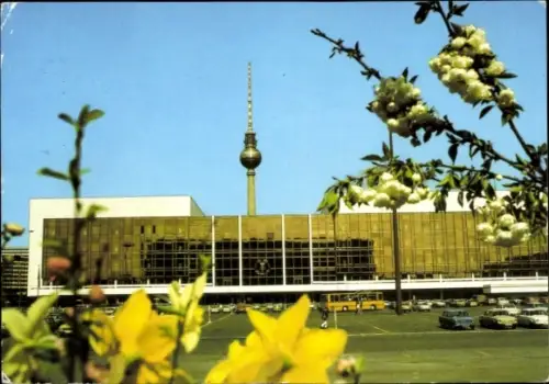 Ak Berlin Mitte, Palast der Republik, Fernsehturm, Blumen im Vordergrund