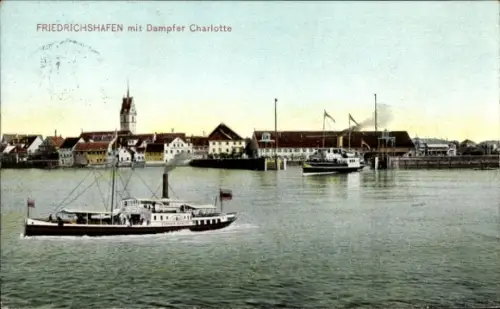 Ak Friedrichshafen am Bodensee,  Dampfer Charlotte, Hafenansicht, Schiffe