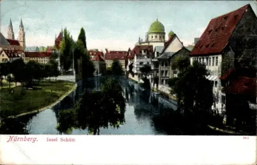 Ak Nürnberg in Mittelfranken Bayern, Insel Schütt, Synagoge, Fluss