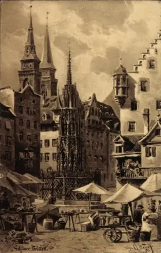 Ak Nürnberg, Schöner Brunnen, Markt, Türme,  Gebäude