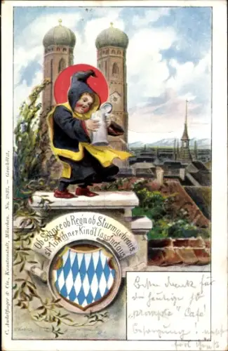 Präge Gold Künstler Litho München Bayern, Münchner Kindl, Frauenkirche, Bierkrug