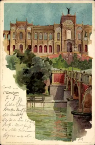 Künstler Litho Kley, Heinrich, München Bayern, Brücke und Maximilianeum