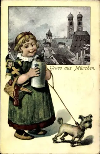 Präge Ak München Bayern, Kindl mit Bierkrug, Terrier