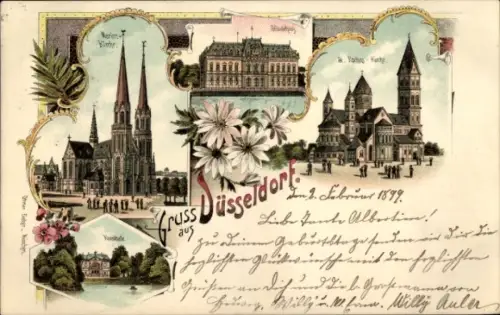 Litho Düsseldorf am Rhein, Rochuskirche, Rathaus, Marienkirche