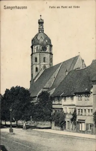 Ak Sangerhausen am Südharz,  Markt mit Kirche, Uhrturm, Bäume, Straßenansicht