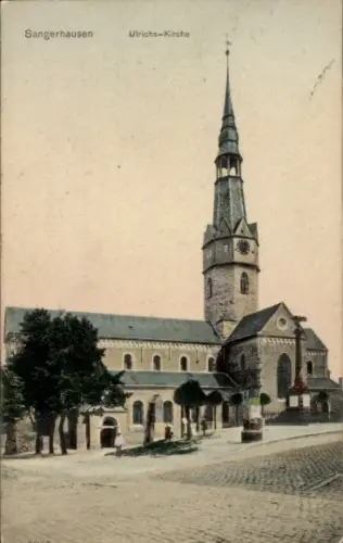 Ak Sangerhausen am Harz, Ulrichs-Kirche,  Kirchturm, Bäume, Straße
