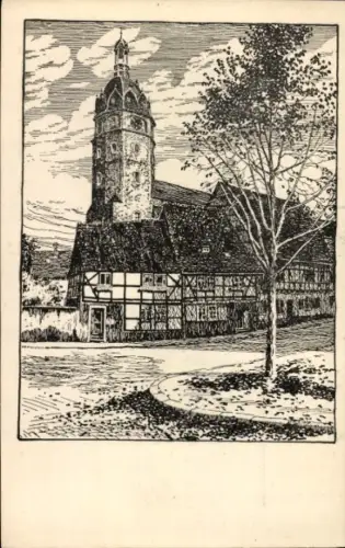 Ak Sangerhausen am Harz, Zeichnung eines n Gebäudes, Baum, Straße