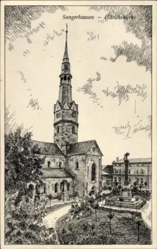 Ak Sangerhausen am Harz, Zeichnung einer Kirche,  Turm, Statue, Bäume