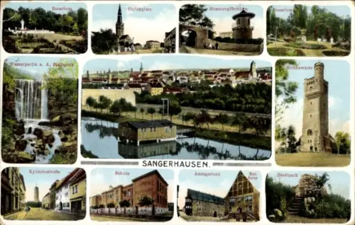 Ak Sangerhausen am Südharz,  Rosarium, Ulrichplatz, Stadtpark, Rathaus, Amtsgericht, Moltkewarte