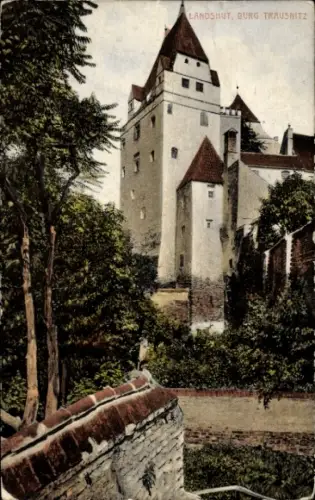 Ak Landshut in Niederbayern, Burg Trausnitz,  farbige Illustration, Bäume im Vordergrund