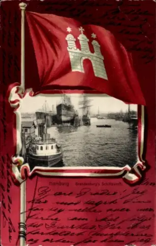 Passepartout Ak Hamburg Mitte Altstadt, Heinrich Brandenburg Schiffswerft, Fahne