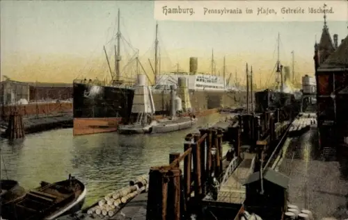 Ak Hamburg, Schiff Pennsylvania im Hafen, Getreide löschend, HAPAG