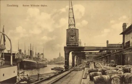 Ak Hamburg, Kaiser Wilhelm Hafen, Kran, Fässer