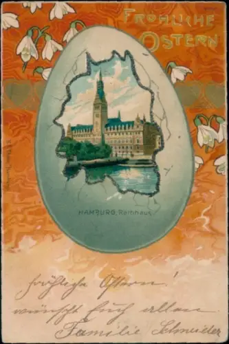 Jugendstil Glitzer Litho Hamburg, Rathaus, Frohe Ostern, Osterei, Schneeglöckchen