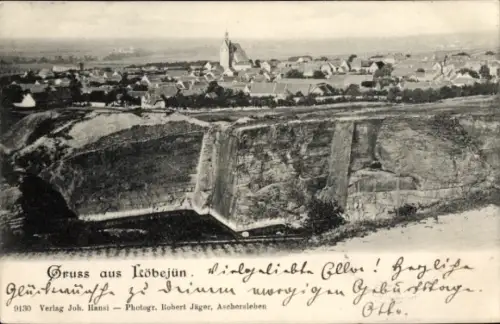 Ak Löbejün im Saalekreis, Landschaft mit Dorf, Kirche,  aus  Geburtstagswünsche
