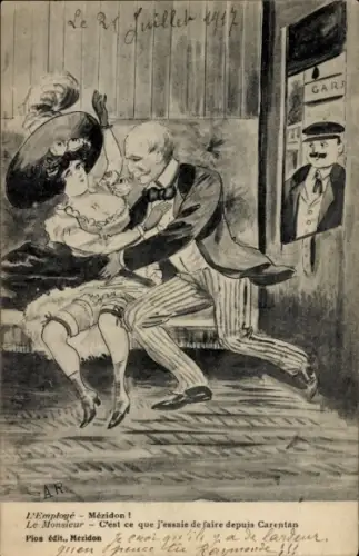 Künstler Ak Paar im Zug, Aufdringlicher Mann