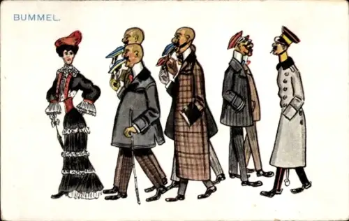 Ak Bummel, Noble Frau in schwarzem Kleid, Männer, Studenten