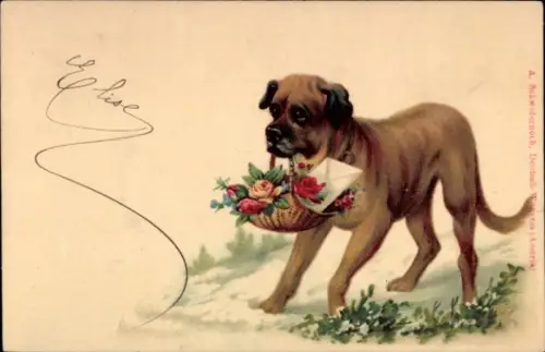Litho Brauner Hund mit Blumenkorb im Maul