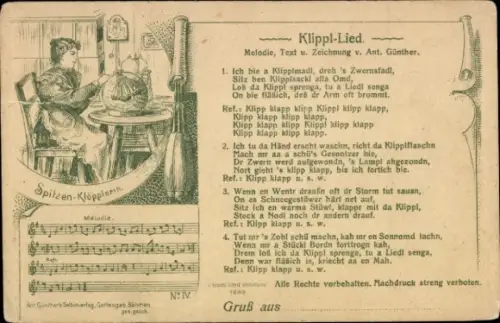 Lied Ak Klippl-Lied, erzgebirgische Mundart, Anton Günther, Spitzenklöpplerin
