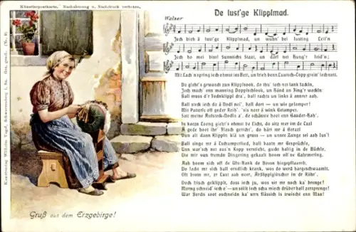 Ak Erzgebirge, Klöpplerin bei der Arbeit, Volkstracht