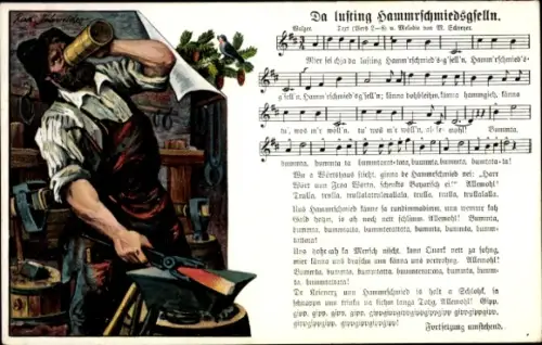 Lied Künstler Ak Schneider, Rud., Da lusting Hammrschmiedsgselln, Schmied trinkt Bier