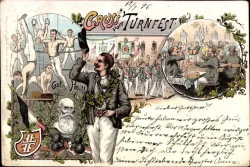 Litho Gruß vom Turnfest, Turner bei Turnübungen, Festumzug, Bierrunde