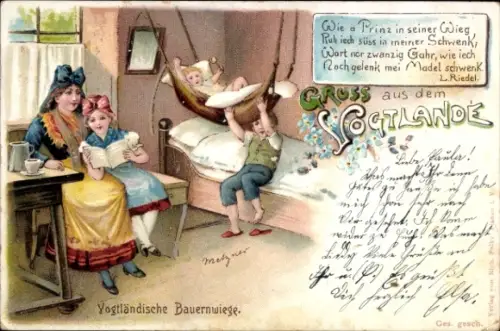 Litho Vogtland, Vogtländische Bauernwiege, Schaukelbett, Mutter mit Kindern, Gedicht von L. Riedel