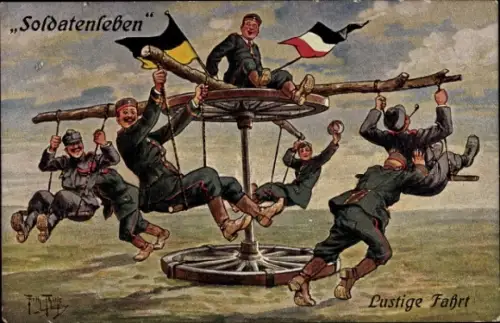 Künstler Ak Thiele, Arthur, Lustige Fahrt, Deutsche Soldaten auf Karussell