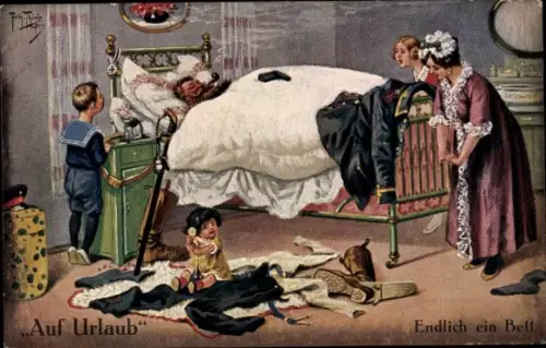Künstler Ak Thiele, Arthur, Auf Urlaub, Endlich ein Bett, Soldat, Familie