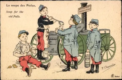 Künstler Ak Französische Soldaten an der Feldküche, Suppe