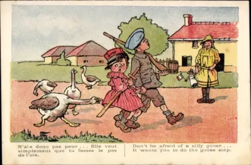 Künstler Ak Jungen als Soldaten marschieren, Gänse