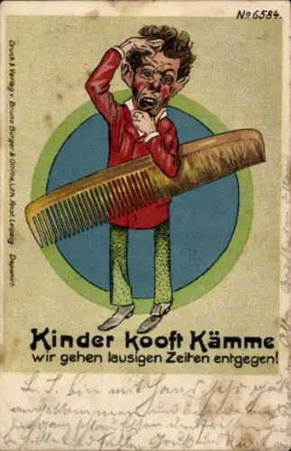 Litho Kinder kooft Kämme, wir gehen lausigen Zeiten entgegen, Bruno Bürger 6584